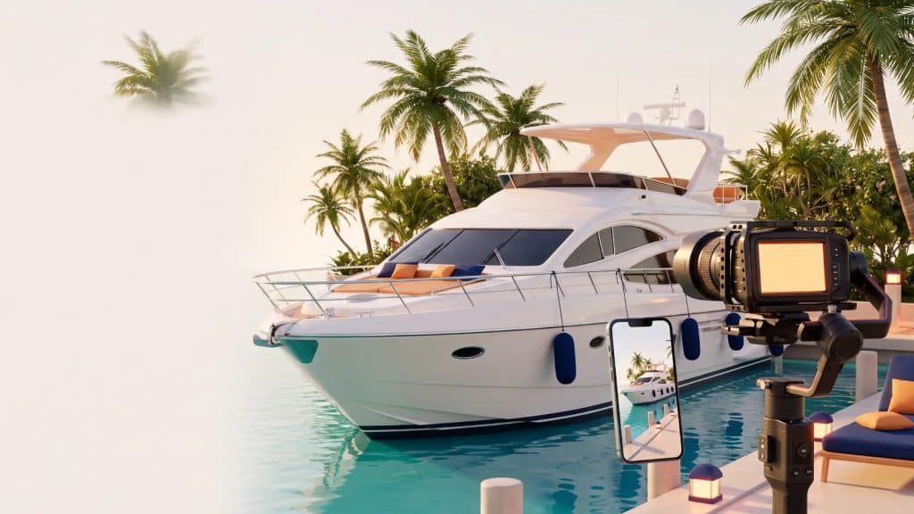 3D illustration of a luxury yacht at a Fort Lauderdale marina with a cinema camera filming