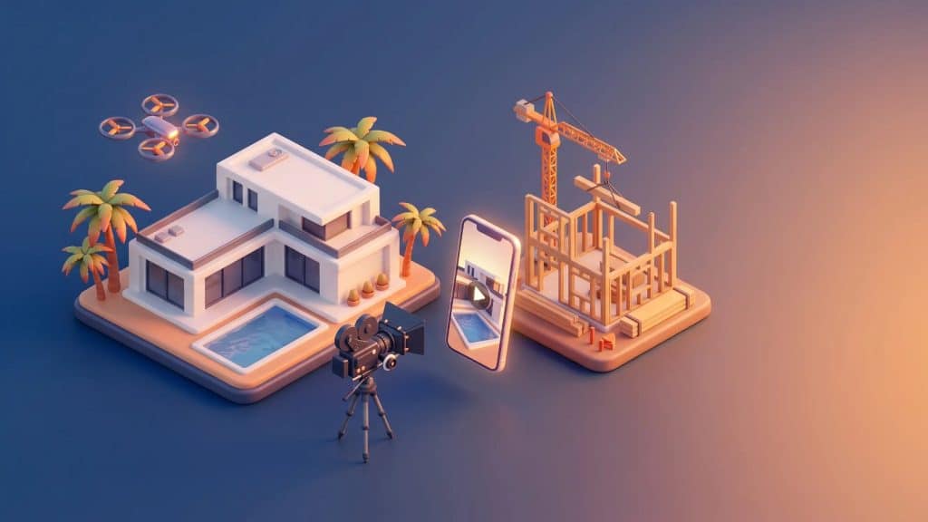 3D illustration of a Florida home and a building under construction filmed by a camera and a drone